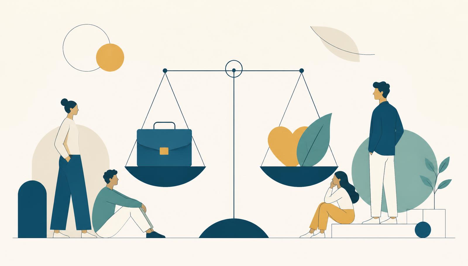 Ilustração de uma balança equilibrando carreira de um lado e saúde do outro