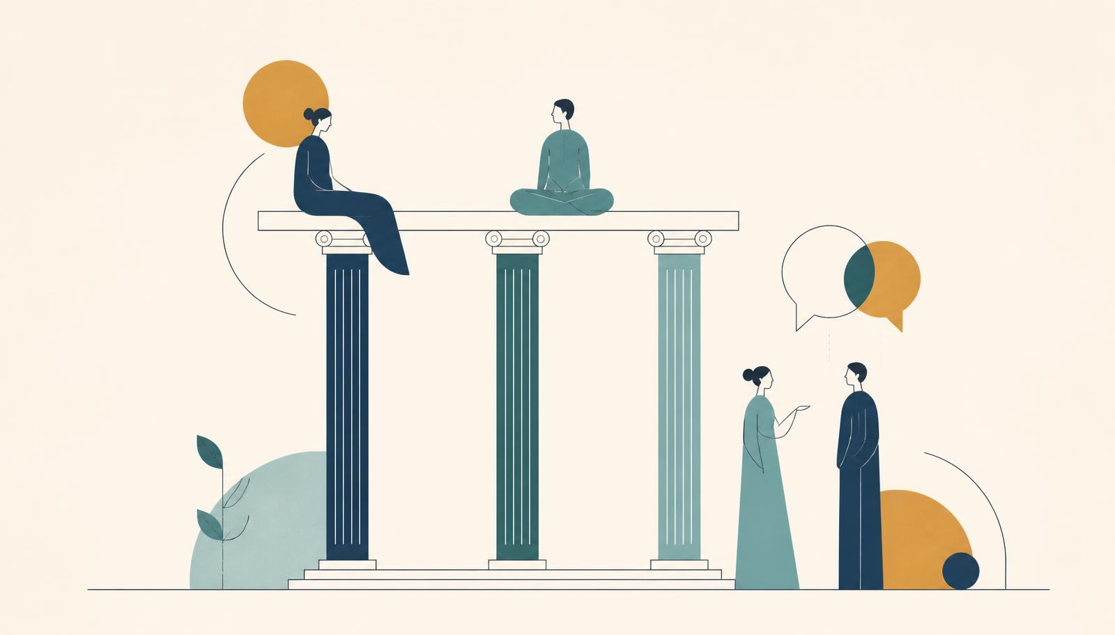 Ilustração de três pilares sustentando uma viga, com pessoas em diálogo ao lado